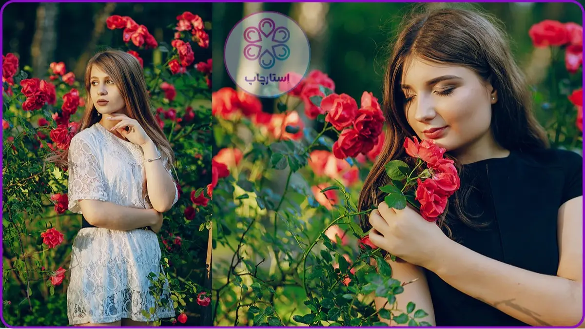 ژشت عکاسی دخترانه در کنار بوته های گل